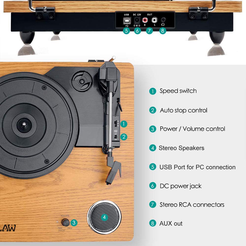 Refurbished CLAW Stag Superb Plus - Turntable with Built-in Stereo Speaker and USB Digital Conversion Software for PC (Wood)