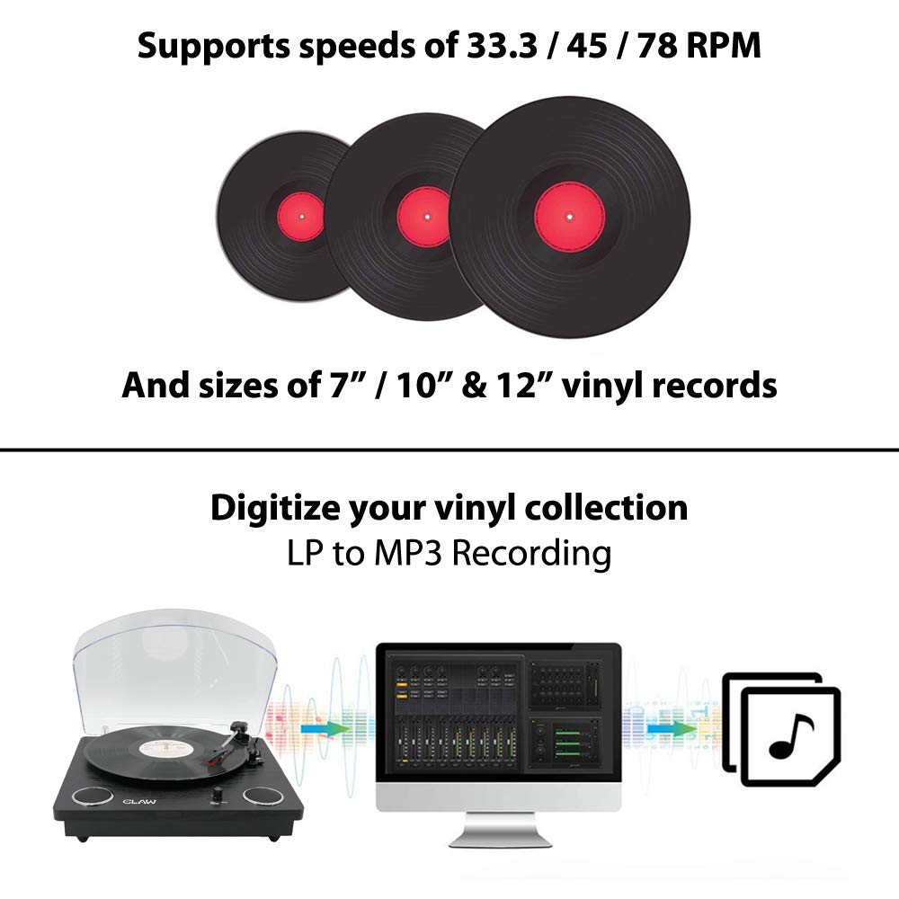 Refurbished CLAW Stag Superb Plus - Turntable with Built-in Stereo Speaker and USB Digital Conversion Software for PC (Black)