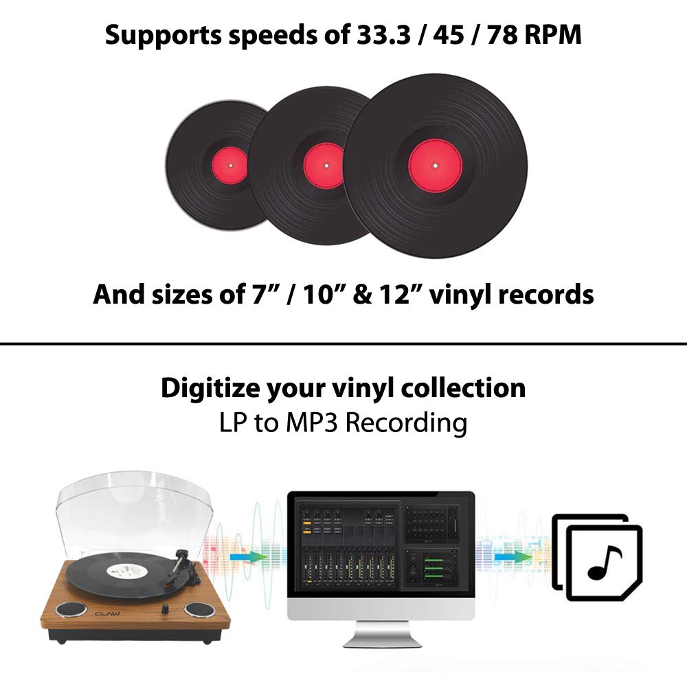 Refurbished CLAW Stag Superb Plus - Turntable with Built-in Stereo Speaker and USB Digital Conversion Software for PC (Wood)