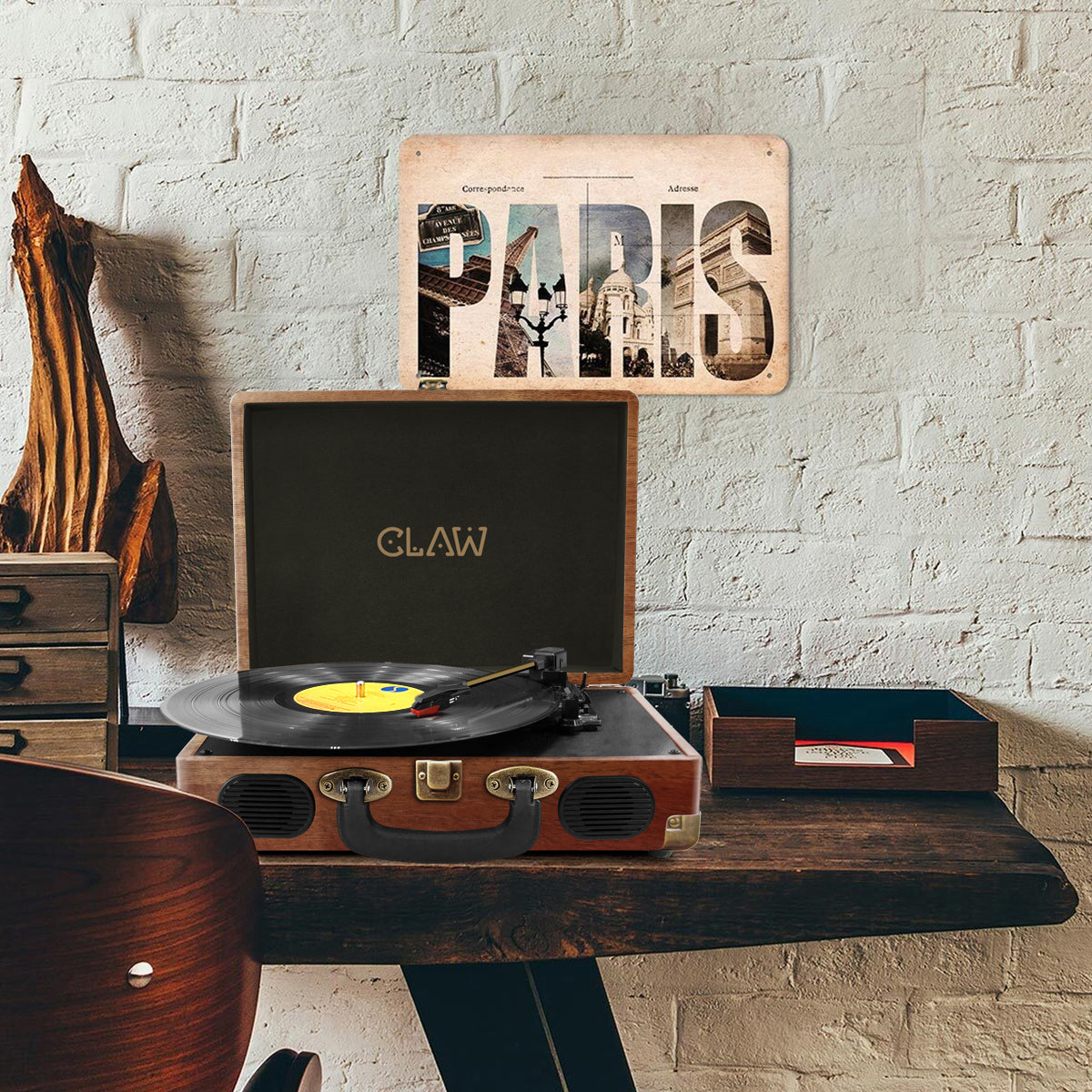 CLAW Stag Portable - Turntable with built-in stereo speaker (Red Wood) (Use Code ORIGIN10 to Get 10% DIscount)