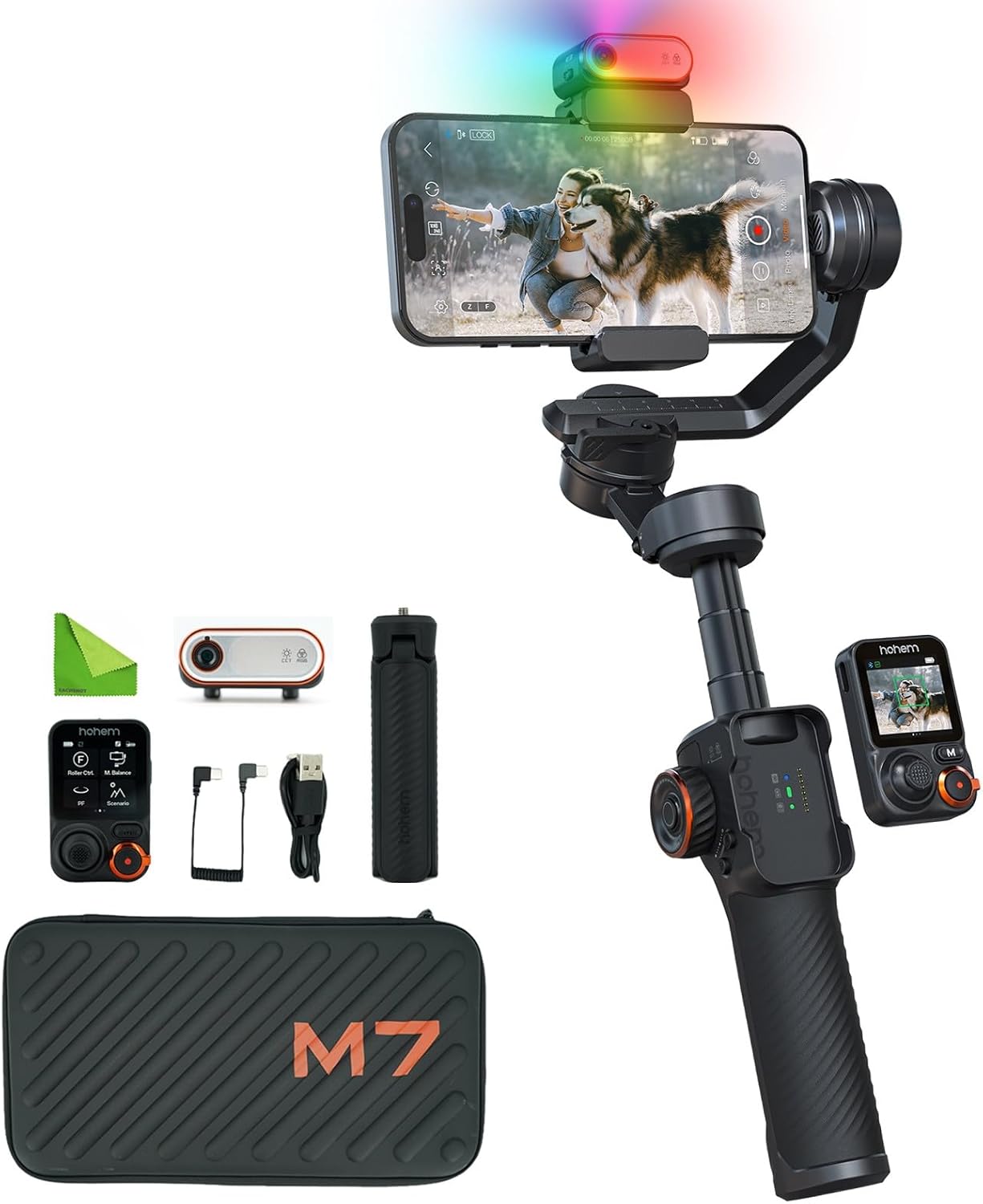 Hohem M7 - Handheld Mobile Gimbal with AI Trackers, Fill Light, Extension Pole and Detachable Touch Screen Remote