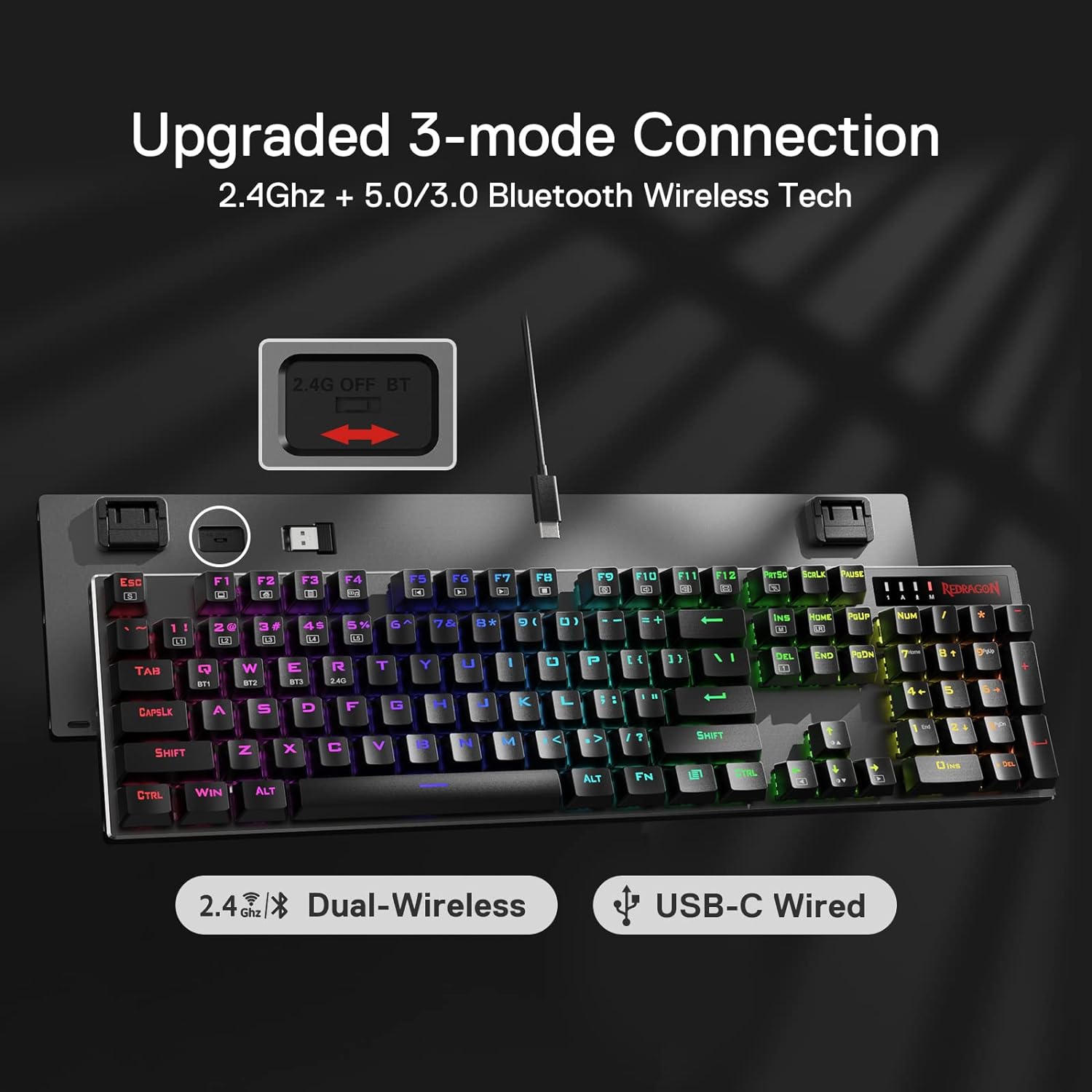 Redragon Dharma Pro K556 Pro - 104 Keys Bluetooth+2.4Ghz+Wired Mechanical Keyboard (Quiet Linear Red Switch)