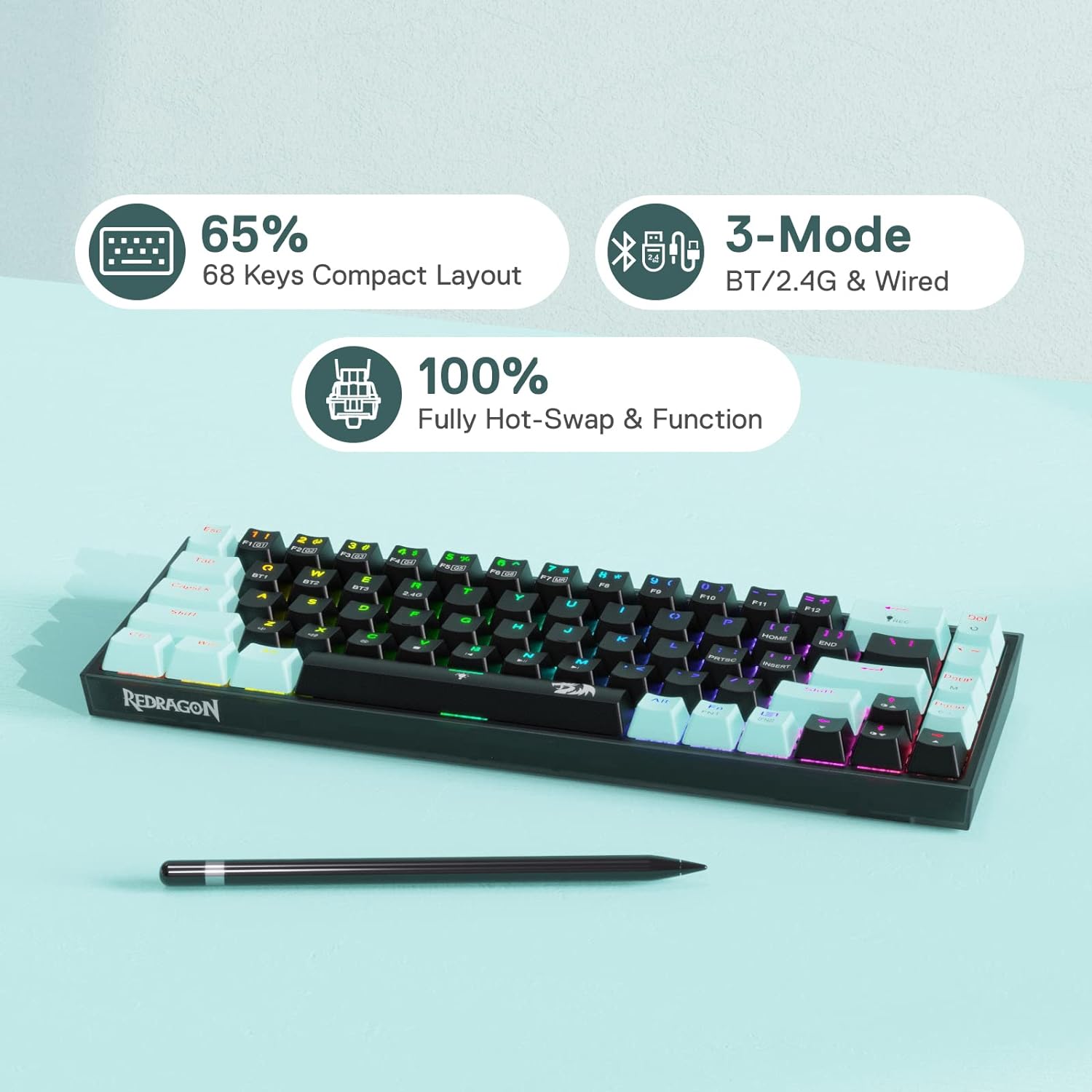 Redragon Castro K631 SE - 65% Bluetooth+2.4Ghz+Wired Mechanical Keyboard (Custom Switch)