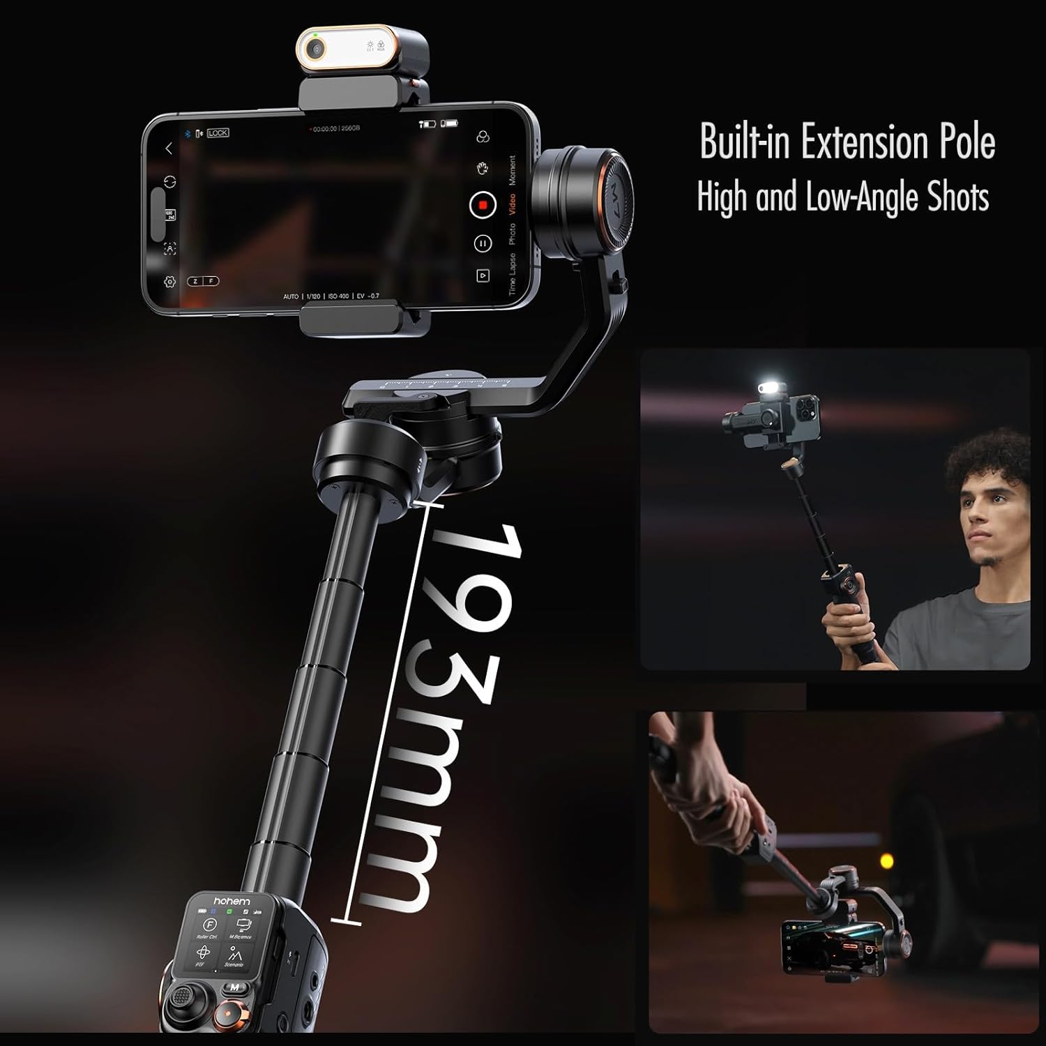 Hohem M7 - Handheld Mobile Gimbal with AI Trackers, Fill Light, Extension Pole and Detachable Touch Screen Remote