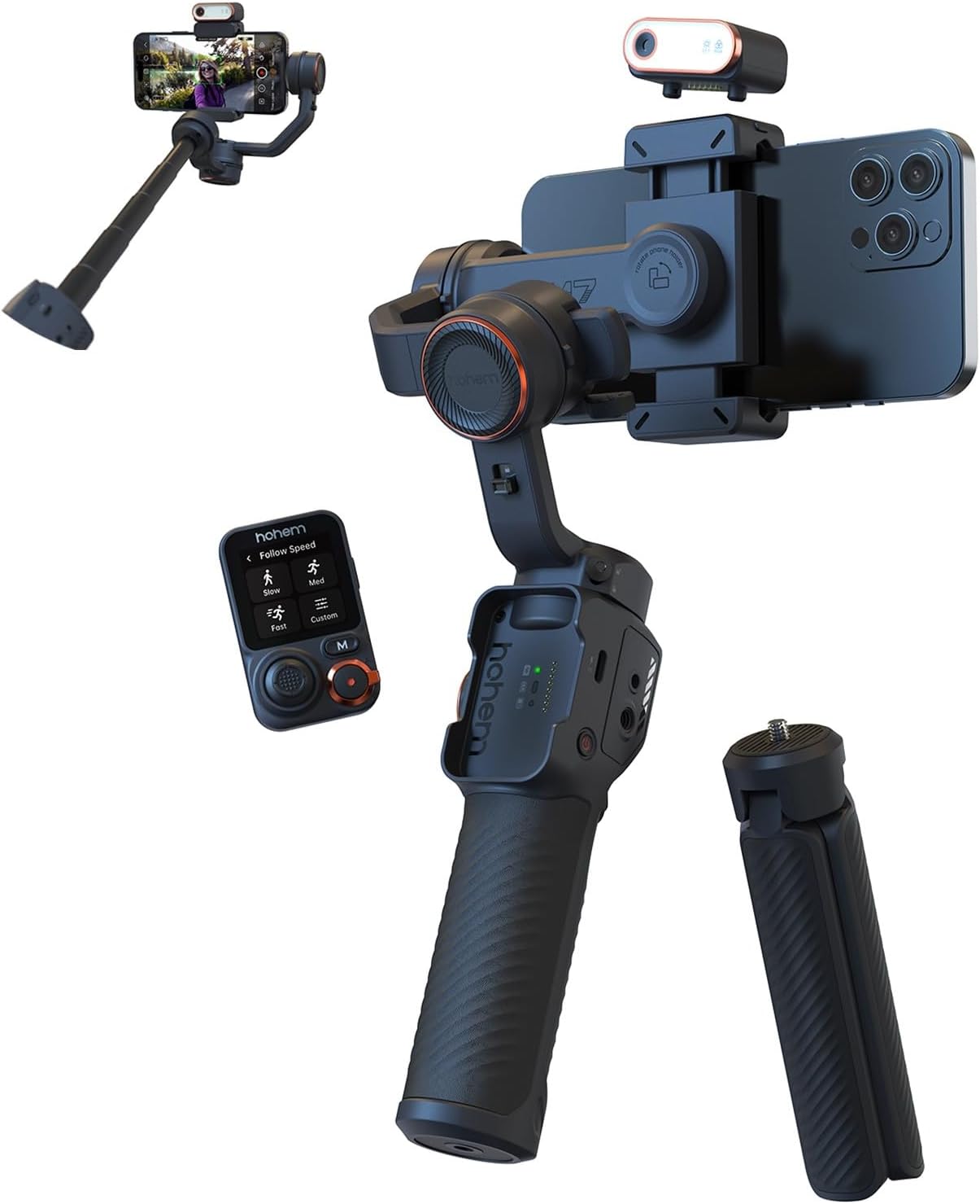 Hohem M7 - Handheld Mobile Gimbal with AI Trackers, Fill Light, Extension Pole and Detachable Touch Screen Remote