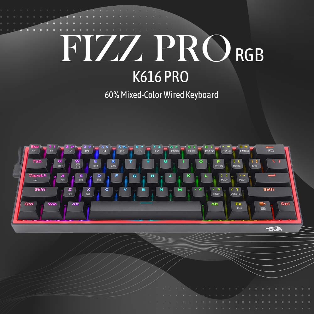 Redragon Fizz Pro K616 - 60% Wired+2.4ghz+Bt Mechanical Keyboard Black (Red Switch)