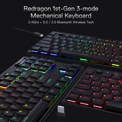 Redragon Horus K621 TKL Wired+2.4Ghz+BT Mechanical Keyboard Black (Red Switch)
