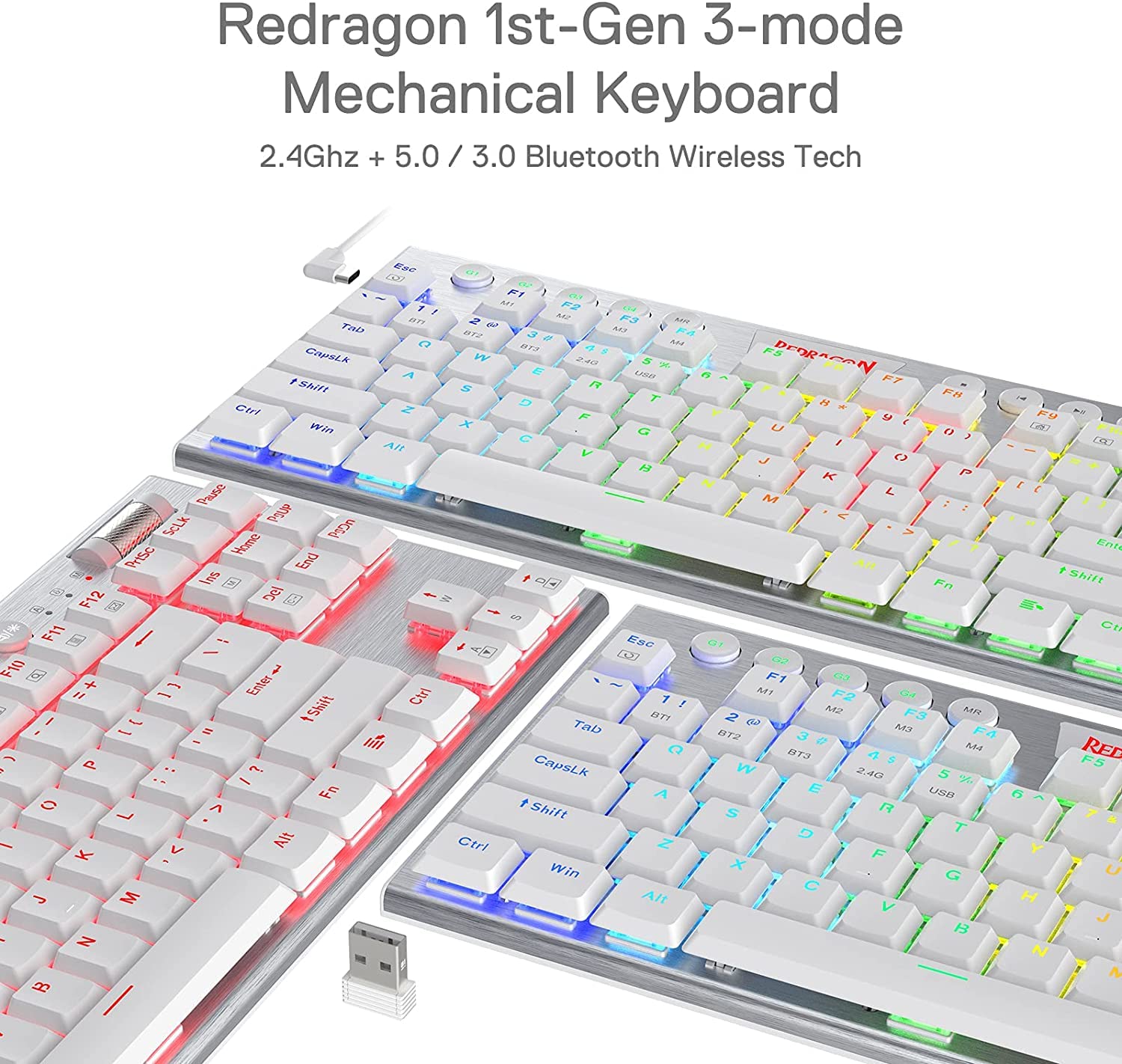 Redragon Horus K621 TKL Wired+2.4Ghz+BT Mechanical Keyboard White (Red Switch)