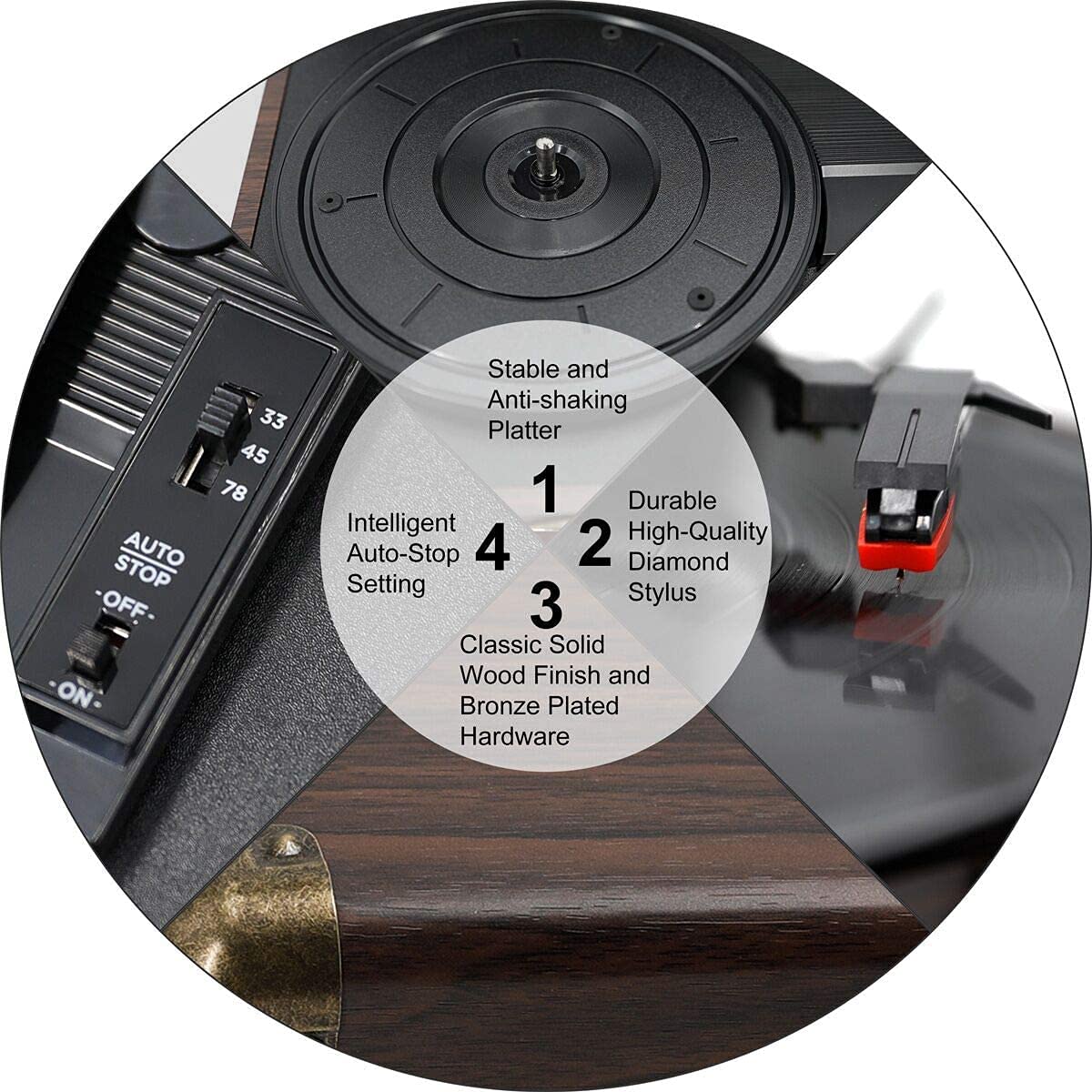 CLAW Stag Portable - Turntable with Built-in Stereo Speakers (Brown Wood) (Use Code Origin5 to Get 5% DIscount)