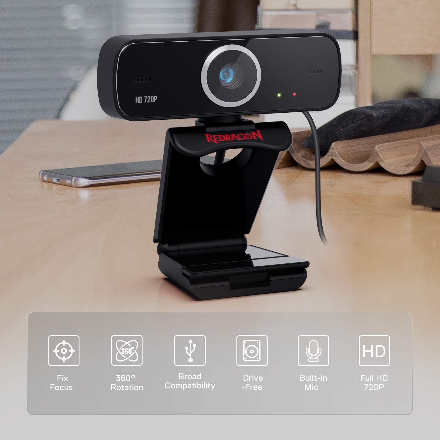 Redragon Fobos GW600 720P Webcam with Built-In Dual Microphone