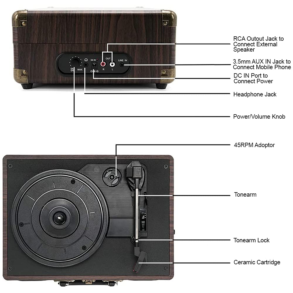 CLAW Stag Portable - Turntable with Built-in Stereo Speakers (Brown Wood) (Use Code Origin5 to Get 5% Discount)