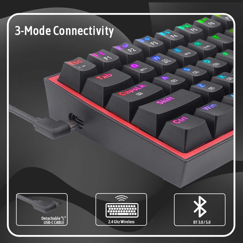 Redragon Fizz Pro K616 - 60% Wired+2.4ghz+Bt Mechanical Keyboard Black (Red Switch)