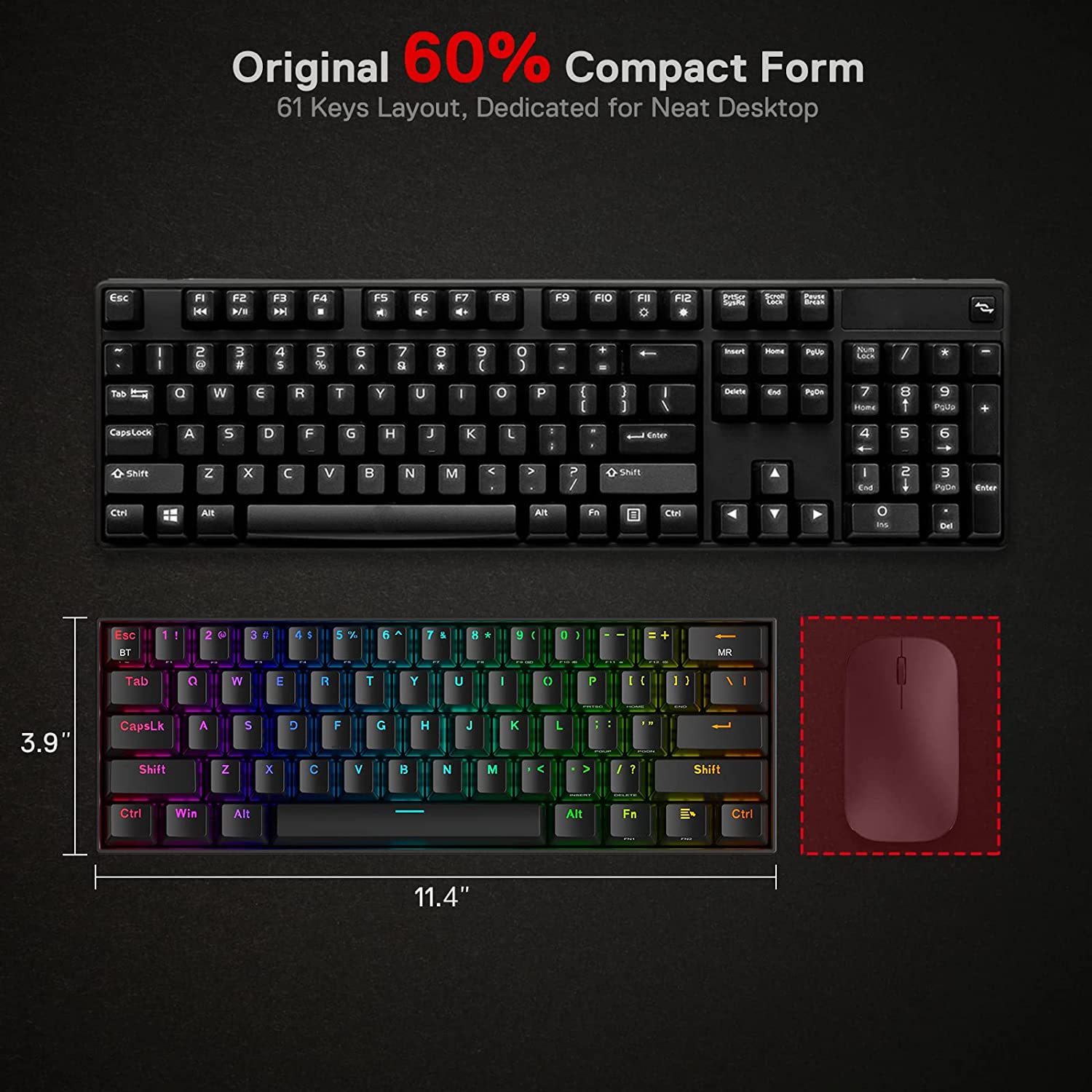 Redragon Draconic Pro K530 Pro - 60% Bluetooth+2.4Ghz+Wired Mechanical Keyboard (Brown Switch)