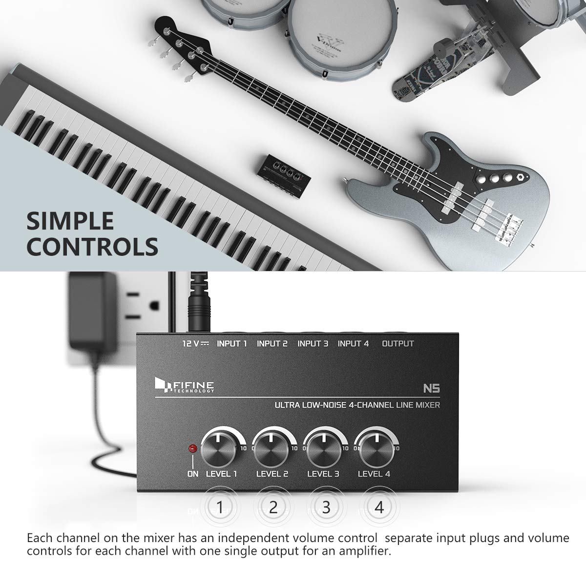 FIFINE N5 - Four - Channel Line Mixer With Individual Volume Control