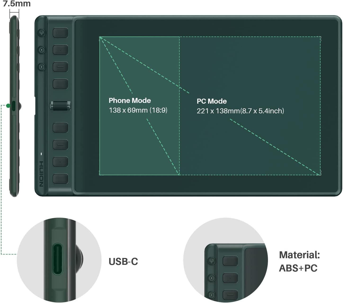 Huion Inspiroy 2 H951P - Medium Digital Graphic Tablet (Pine Green)