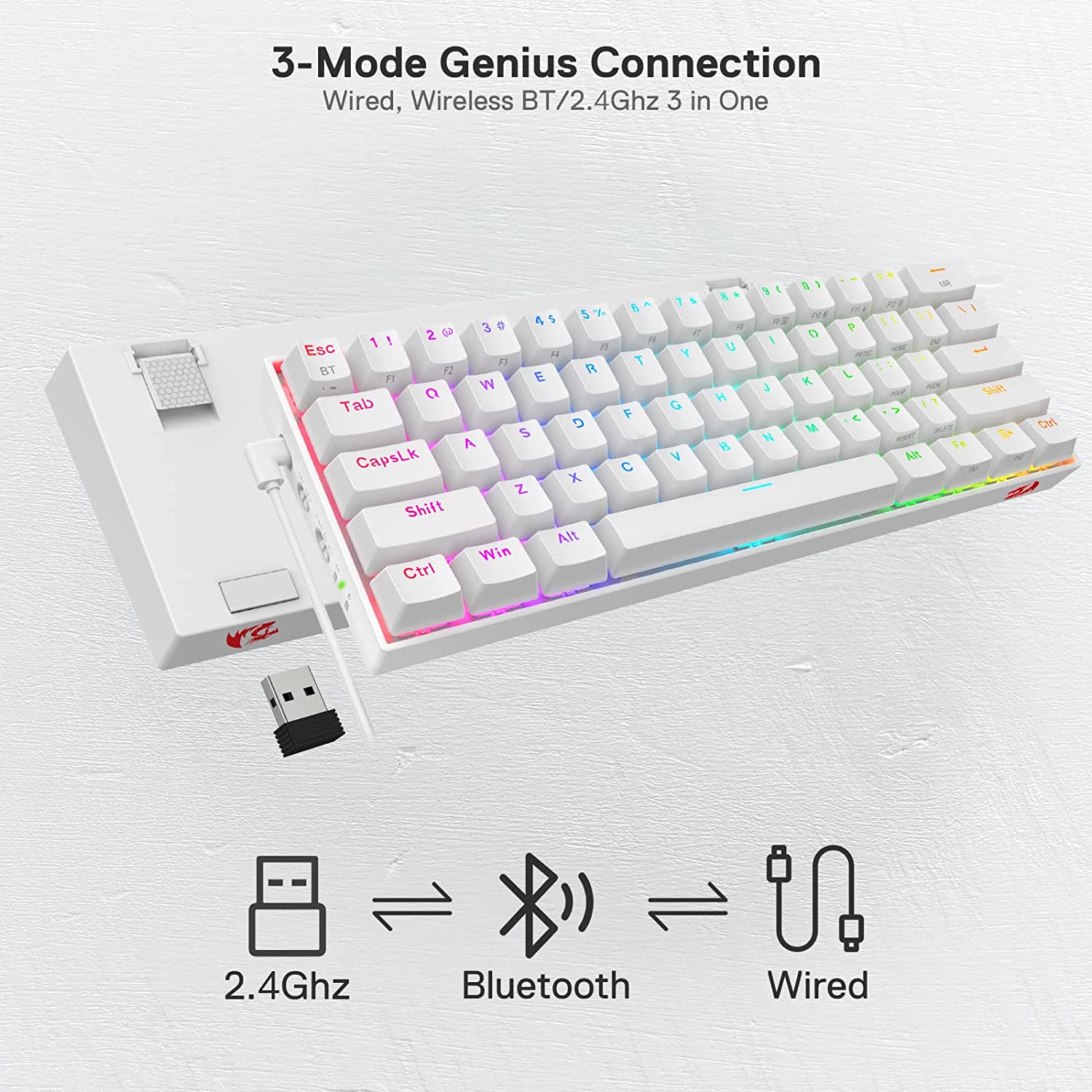 Redragon Draconic Pro K530 Pro - 60% Bluetooth+2.4Ghz+Wired Mechanical Keyboard White (Red Switch)