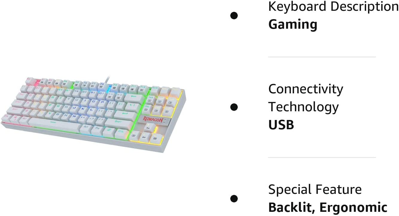 Redragon Kumara K552 - TKL Wired Mechanical Keyboard RGB White (Red Switch)